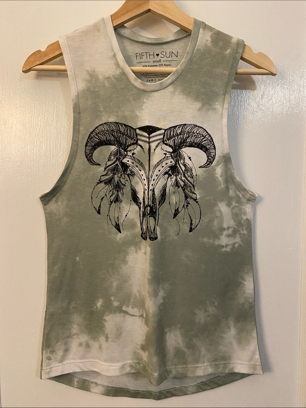Fifth Sun Olive Green Tie-Dye Ram Skull Muscle Tank Small